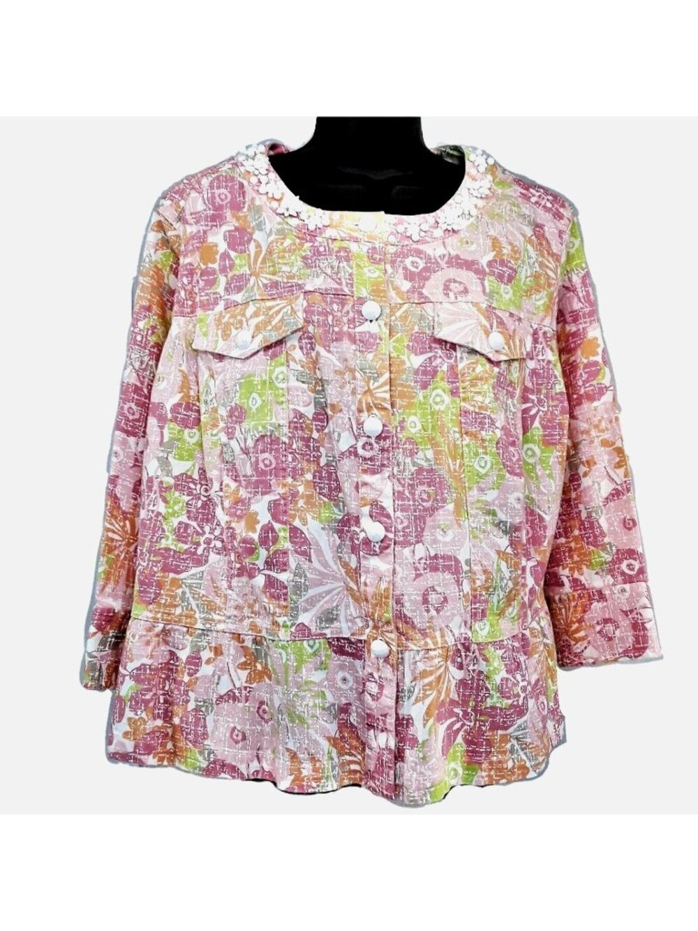 Ruby Road Floral Beaded Jacket Womens Plus 20W 3/4 Sleeve Pastel Button
